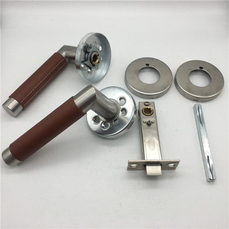 Stainless Steel Brown Leather And Stain Nickel Lever on Rose Door Handle Locks