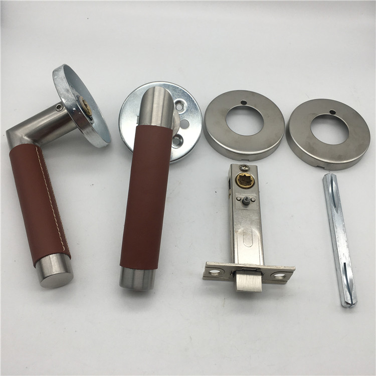 Stainless Steel Brown Leather And Stain Nickel Lever on Rose Door Handle Locks